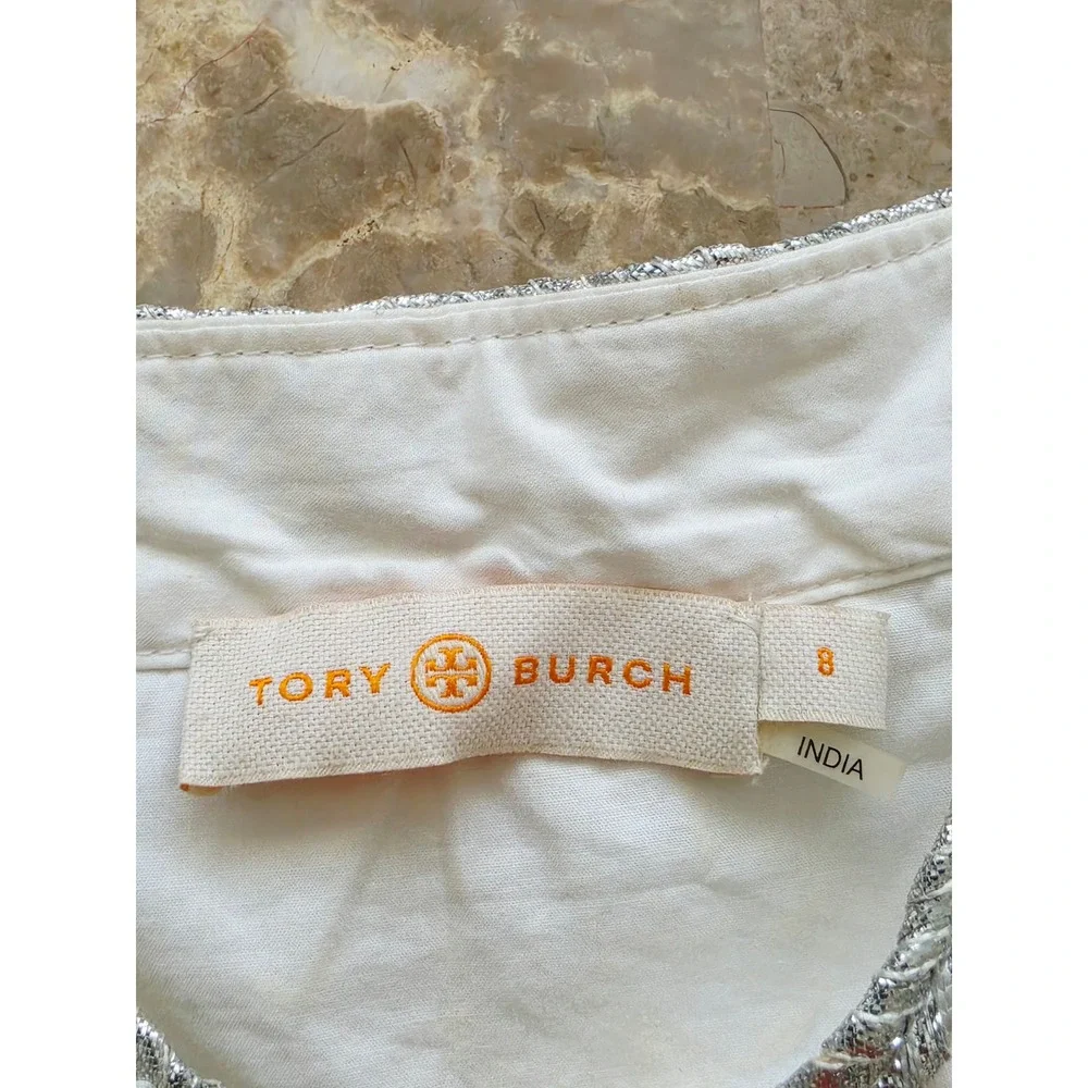 Tory Burch Ivory Cotton Mirror Embroidered Tunic Top Silver Metallic Womens 8